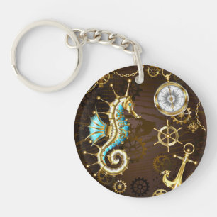 Wooden Background with Mechanical Seahorse Key Ring