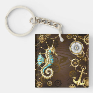 Wooden Background with Mechanical Seahorse Key Ring