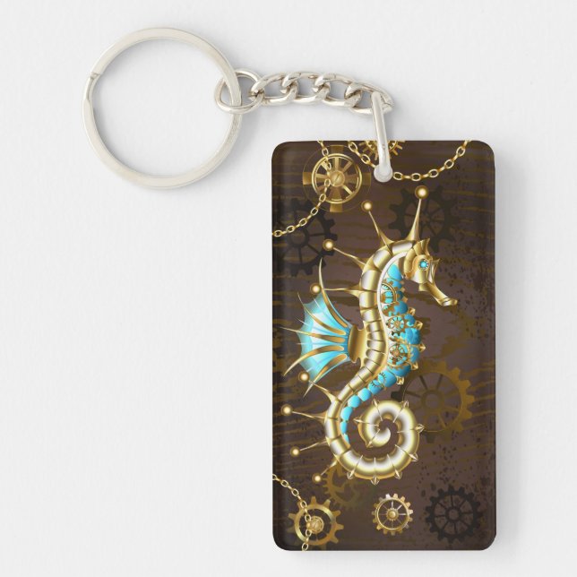 Wooden Background with Mechanical Seahorse Key Ring (Front)