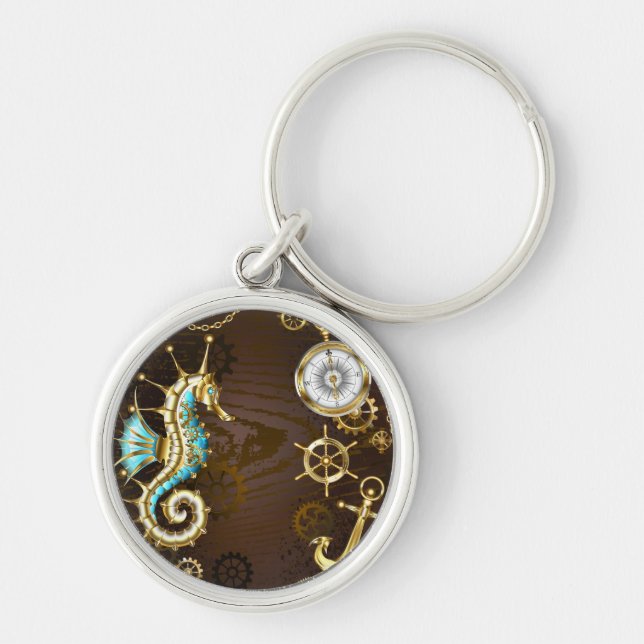 Wooden Background with Mechanical Seahorse Key Ring (Front)