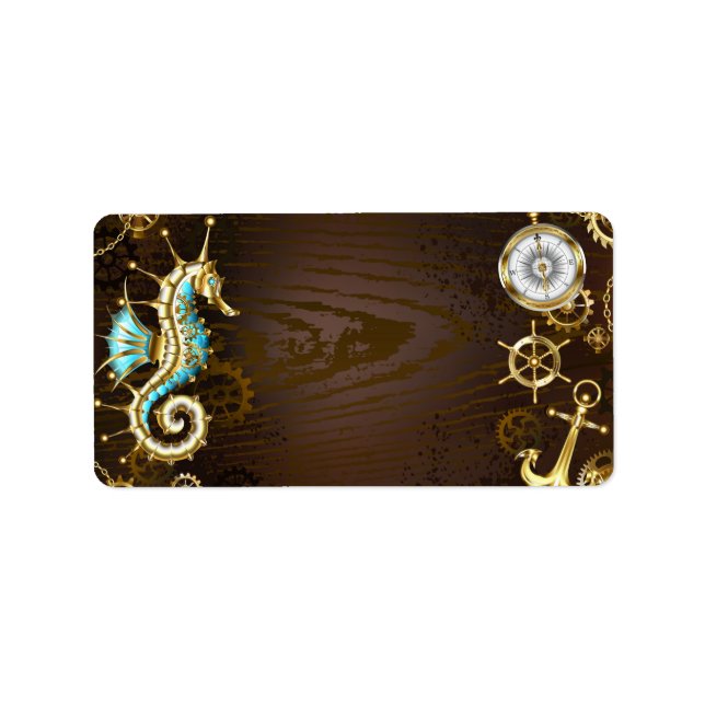 Wooden Background with Mechanical Seahorse Label (Front)