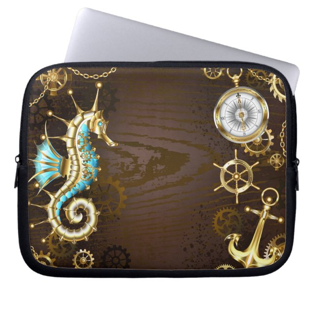 Wooden Background with Mechanical Seahorse Laptop Sleeve (Front)