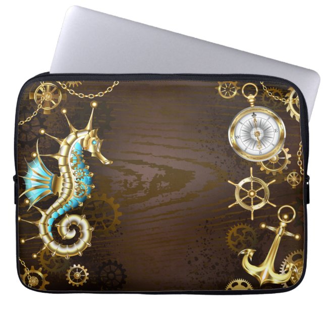 Wooden Background with Mechanical Seahorse Laptop Sleeve (Front)