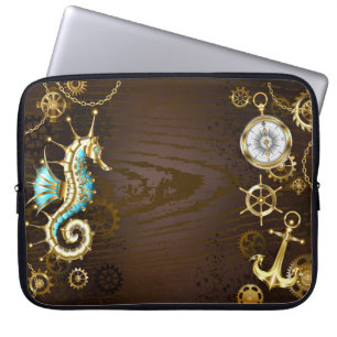 Wooden Background with Mechanical Seahorse Laptop Sleeve