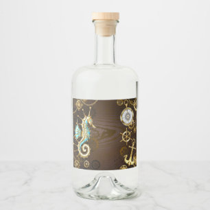 Wooden Background with Mechanical Seahorse Liquor Bottle Label