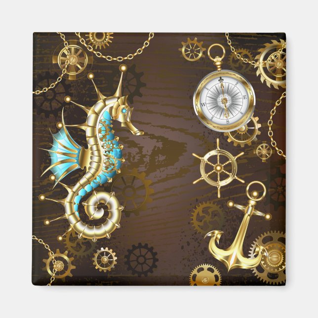 Wooden Background with Mechanical Seahorse Magnet (Front)