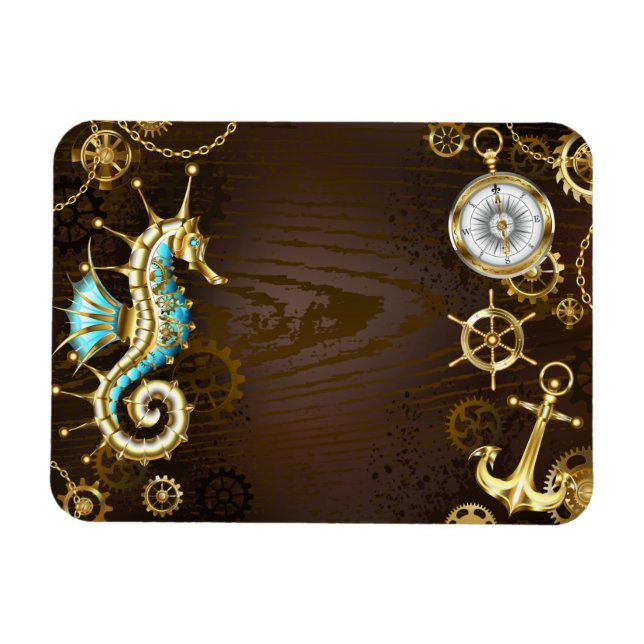Wooden Background with Mechanical Seahorse Magnet (Horizontal)