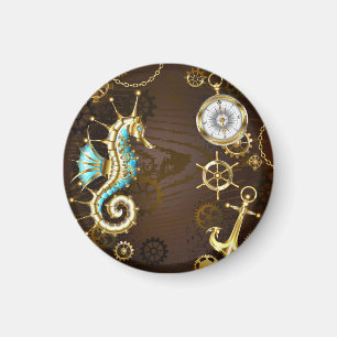 Wooden Background with Mechanical Seahorse Magnet