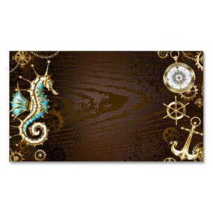 Wooden Background with Mechanical Seahorse Magnetic Business Card