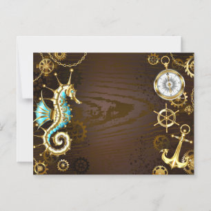 Wooden Background with Mechanical Seahorse Magnetic Invitation