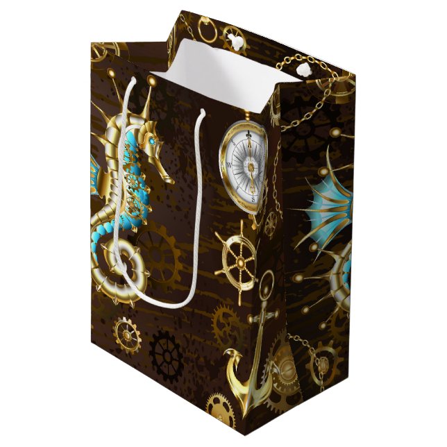 Wooden Background with Mechanical Seahorse Medium Gift Bag (Front Angled)