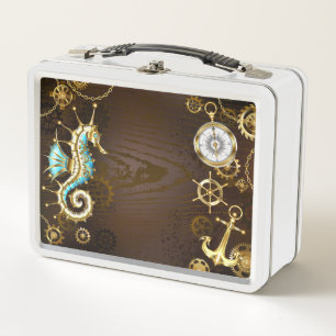 Wooden Background with Mechanical Seahorse Metal Lunch Box