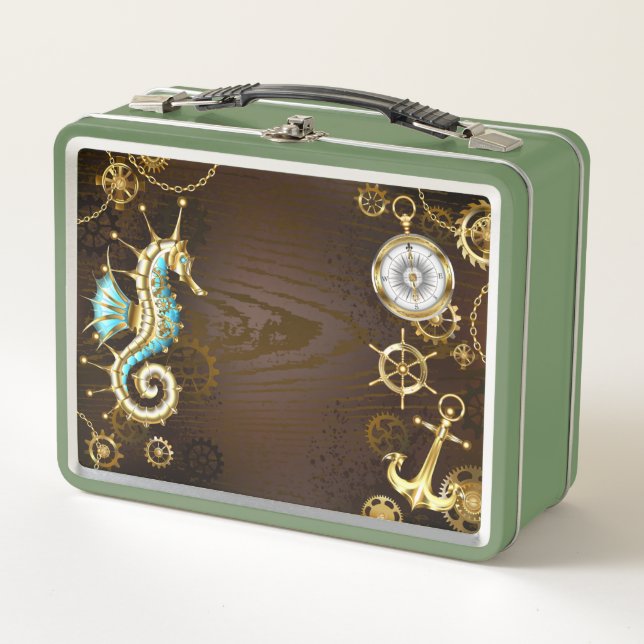 Wooden Background with Mechanical Seahorse Metal Lunch Box (Front)