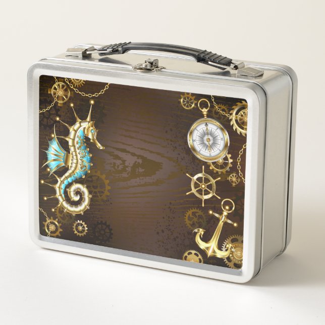 Wooden Background with Mechanical Seahorse Metal Lunch Box (Front)