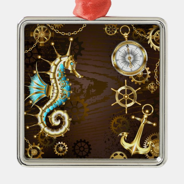 Wooden Background with Mechanical Seahorse Metal Ornament (Front)