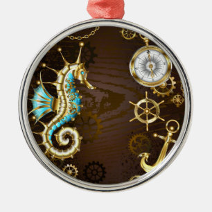 Wooden Background with Mechanical Seahorse Metal Ornament