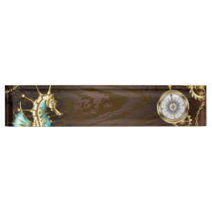 Wooden Background with Mechanical Seahorse Nameplate
