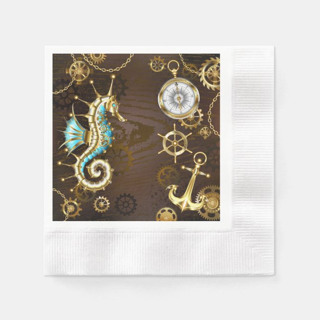 Wooden Background with Mechanical Seahorse Napkin (Front)