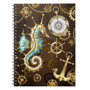 Wooden Background with Mechanical Seahorse Notebook