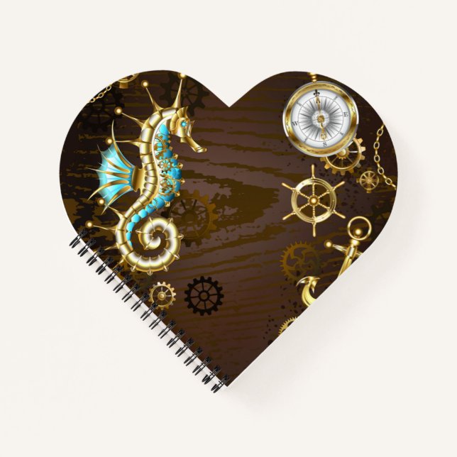 Wooden Background with Mechanical Seahorse Notebook (Front)
