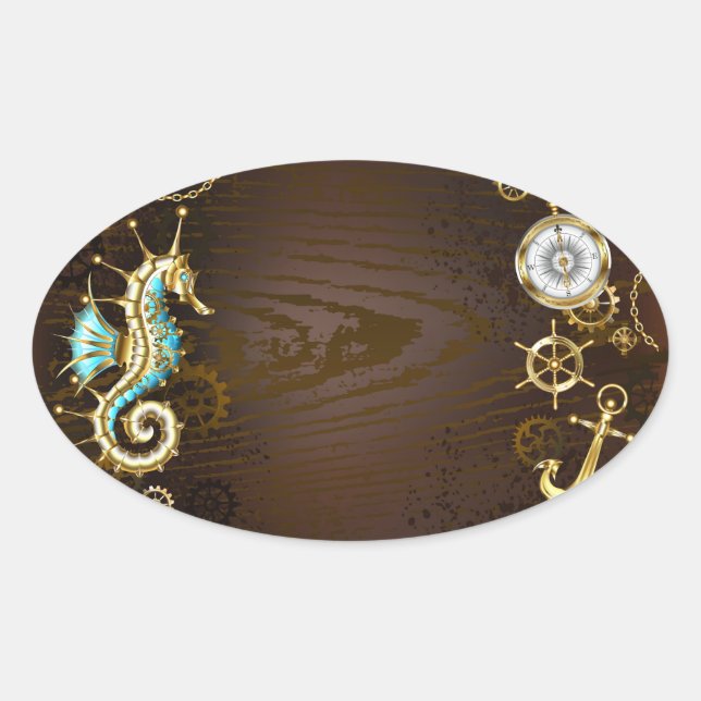 Wooden Background with Mechanical Seahorse Oval Sticker (Front)