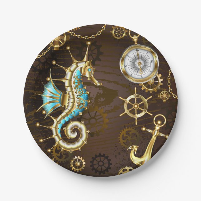 Wooden Background with Mechanical Seahorse Paper Plate (Front)