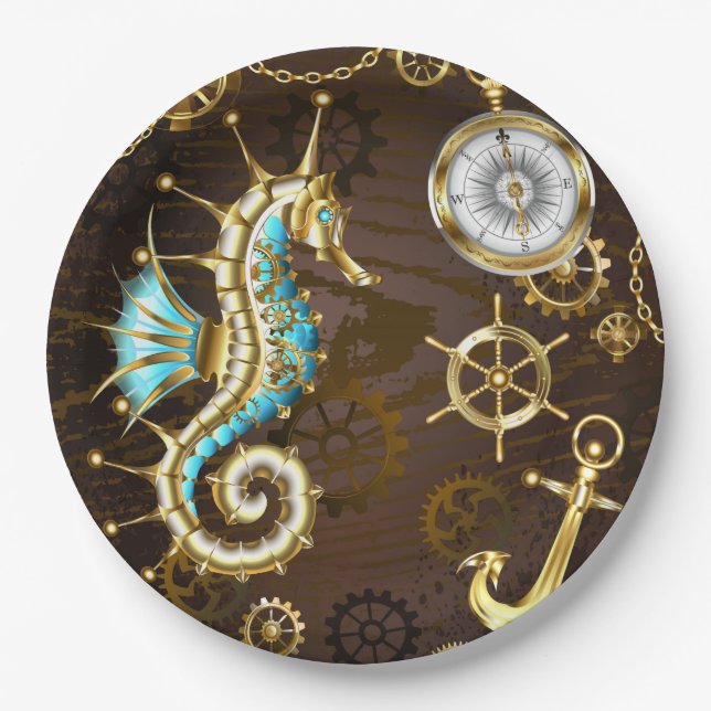 Wooden Background with Mechanical Seahorse Paper Plate (Front)