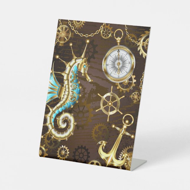 Wooden Background with Mechanical Seahorse Pedestal Sign (Front)