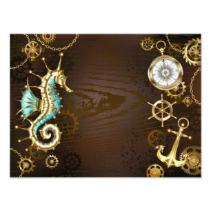 Wooden Background with Mechanical Seahorse Photo Print