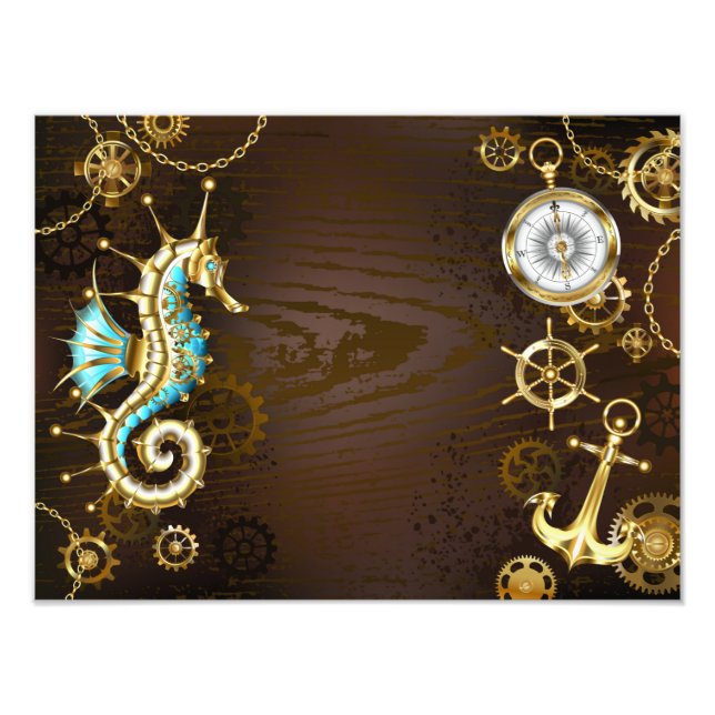 Wooden Background with Mechanical Seahorse Photo Print (Front)