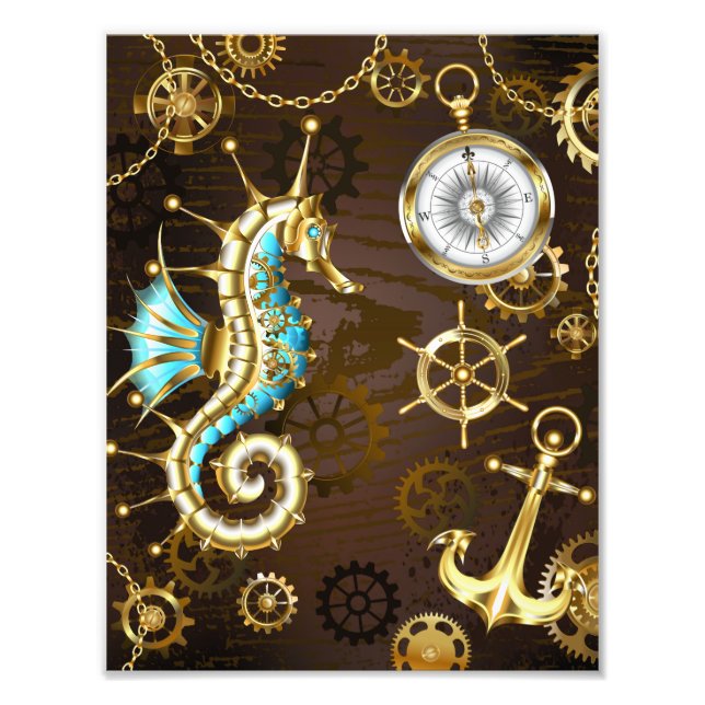 Wooden Background with Mechanical Seahorse Photo Print (Front)