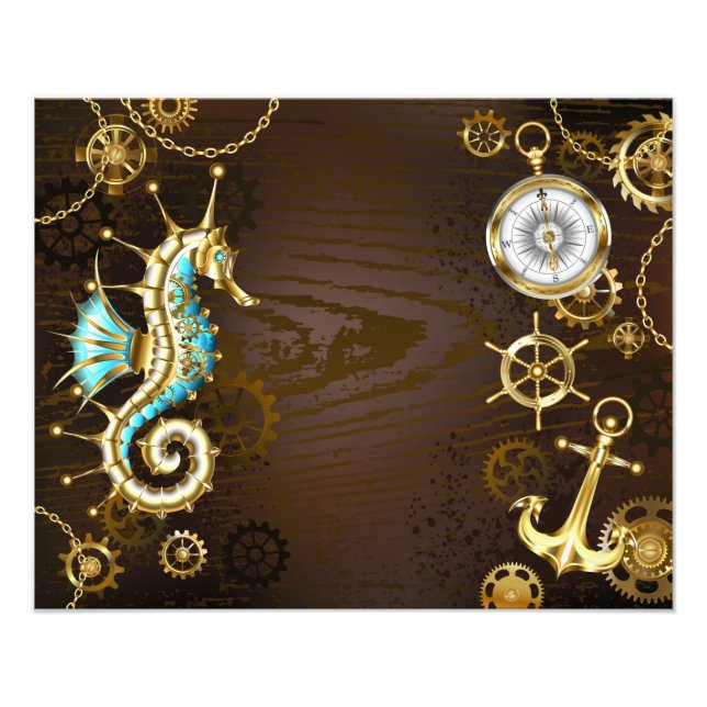 Wooden Background with Mechanical Seahorse Photo Print (Front)