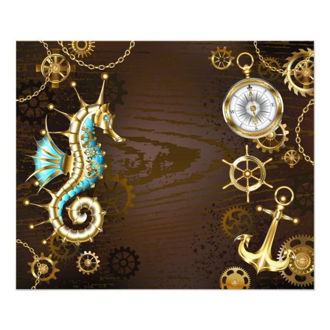 Wooden Background with Mechanical Seahorse Photo Print (Front)