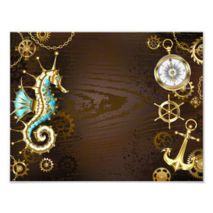 Wooden Background with Mechanical Seahorse Photo Print