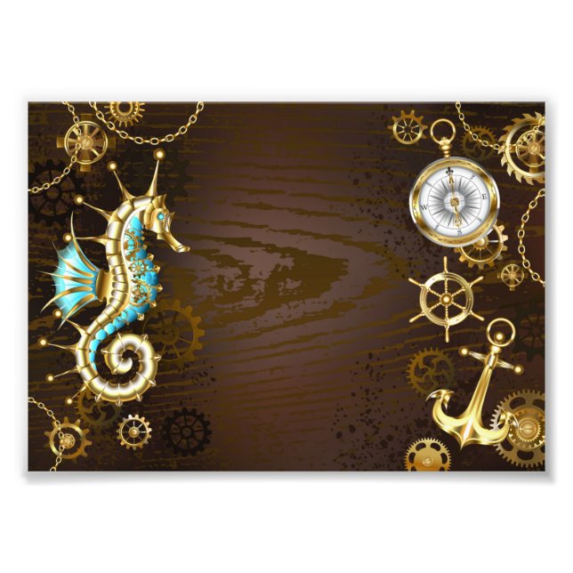 Wooden Background with Mechanical Seahorse Photo Print (Front)