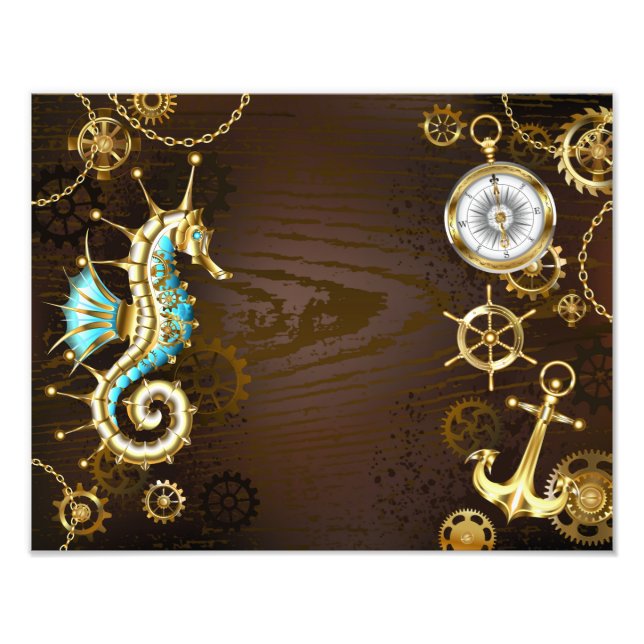 Wooden Background with Mechanical Seahorse Photo Print (Front)