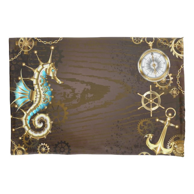 Wooden Background with Mechanical Seahorse Pillowcase (Front-Left)