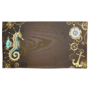 Wooden Background with Mechanical Seahorse Pillowcase