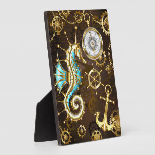 Wooden Background with Mechanical Seahorse Plaque