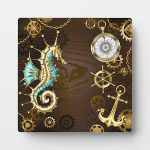 Wooden Background with Mechanical Seahorse Plaque