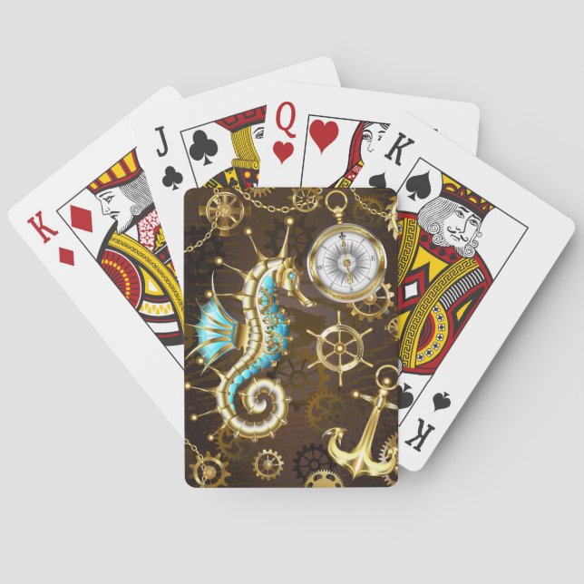 Wooden Background with Mechanical Seahorse Playing Cards (Back)