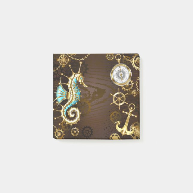 Wooden Background with Mechanical Seahorse Post-it Notes (Front)