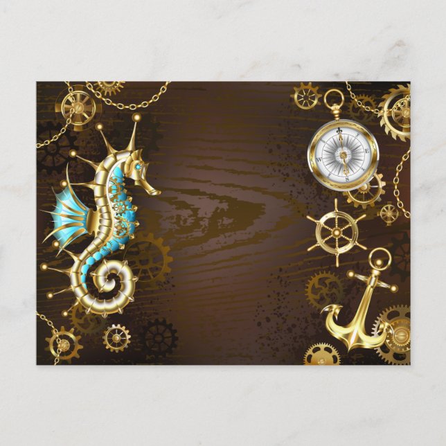 Wooden Background with Mechanical Seahorse Postcard (Front)