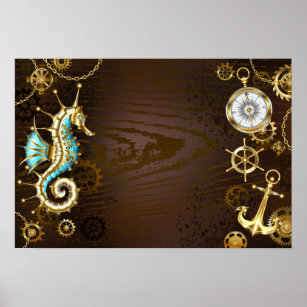 Wooden Background with Mechanical Seahorse Poster