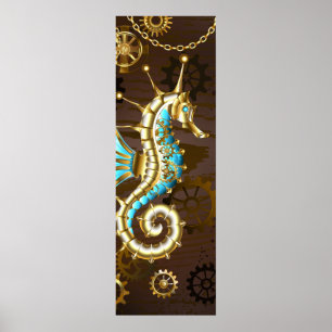 Wooden Background with Mechanical Seahorse Poster