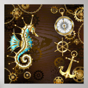 Wooden Background with Mechanical Seahorse Poster