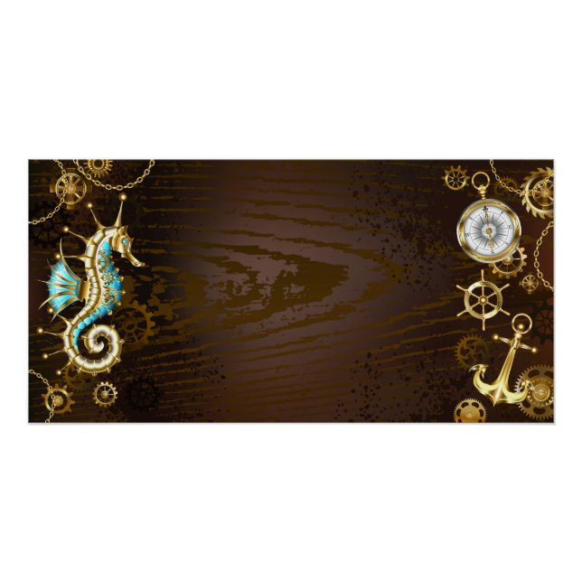 Wooden Background with Mechanical Seahorse Poster (Front)