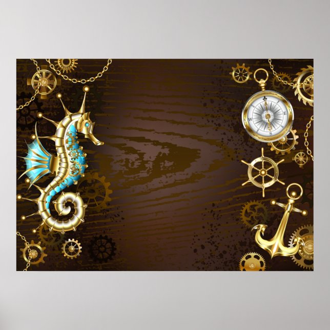 Wooden Background with Mechanical Seahorse Poster (Front)