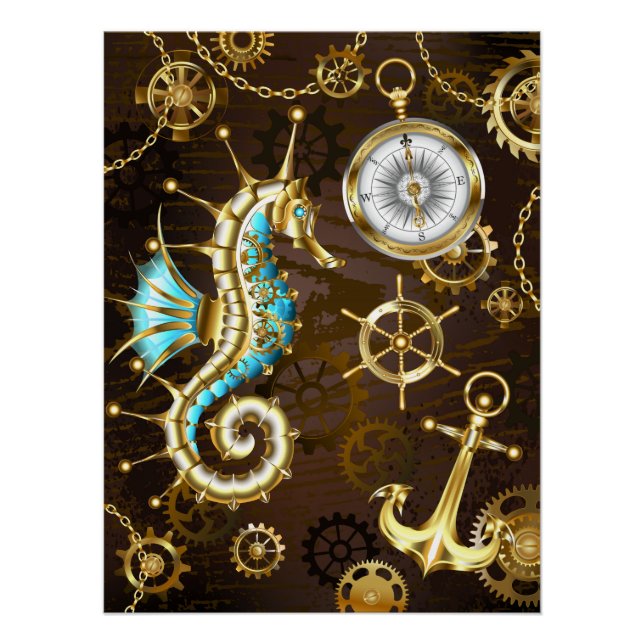Wooden Background with Mechanical Seahorse Poster (Front)