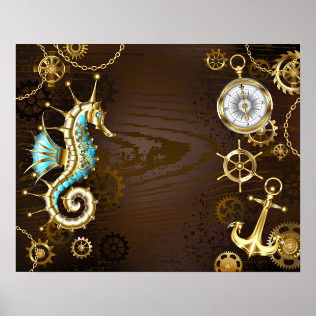 Wooden Background with Mechanical Seahorse Poster (Front)